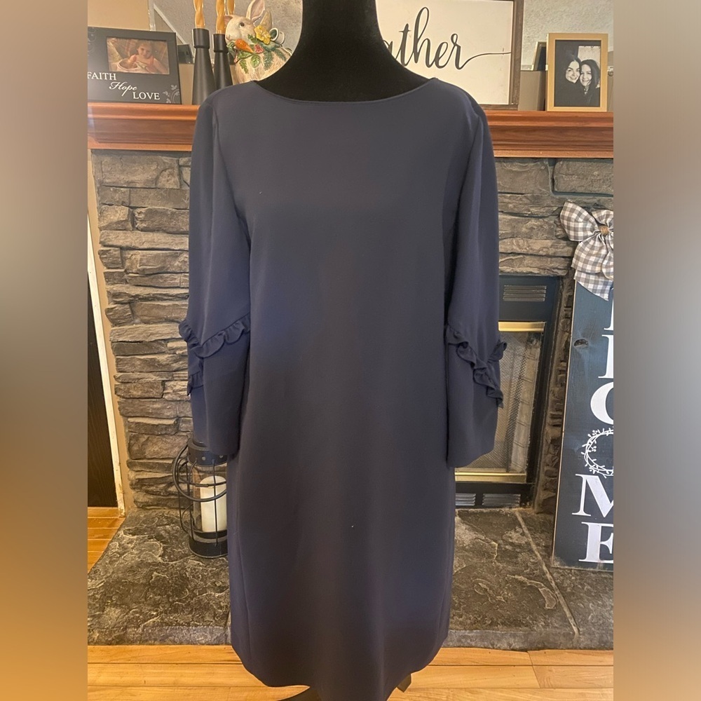 Lafayette 148 New York Navy Ruffle-Accent Long Sleeve Shift Dress